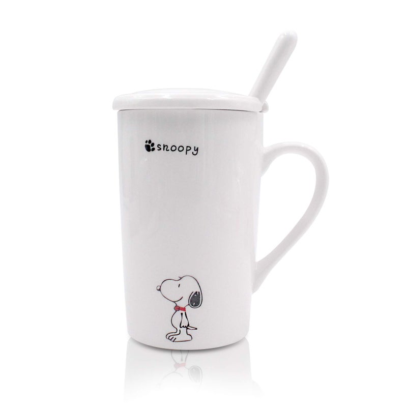 Finex Random Style White Ceramic Coffee Mug Water Cup Set with Lid and Spoon White Dog - Image 1